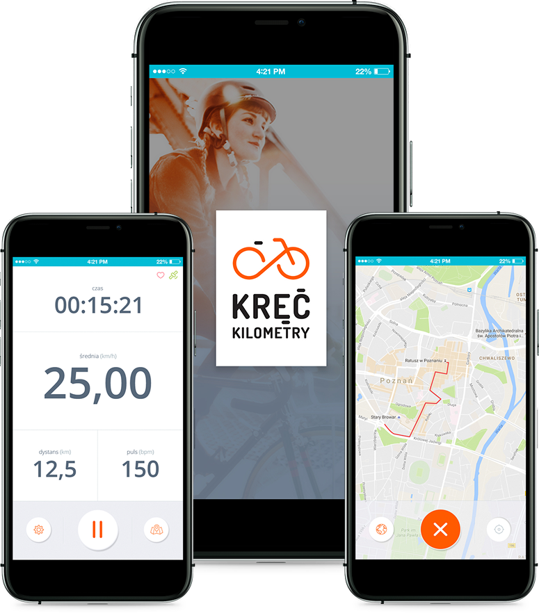 Trzy smartfony przedstawiające aplikację Kręć Kilometry